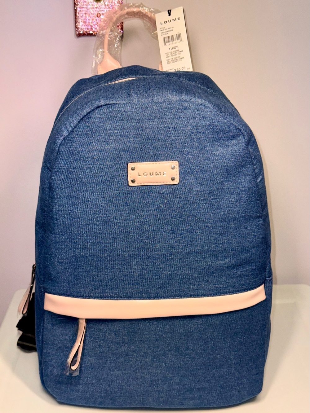 Blue Denim Backpack with Pink Trim